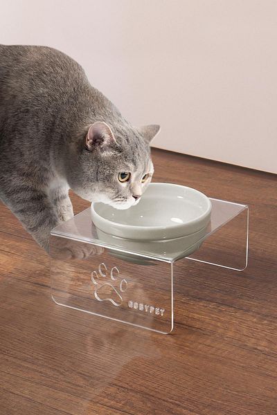 GOBYPET Single Ceramic Decorative Cat and Dog Plexiglass Food & Water Bowl Cat Mat