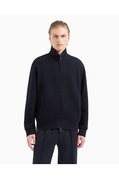 Emporio Armani Men's Full Zip Jersey Sweatshirt All over Flocked Letters Navy Blue Sweatshirt Em 001697   Af100