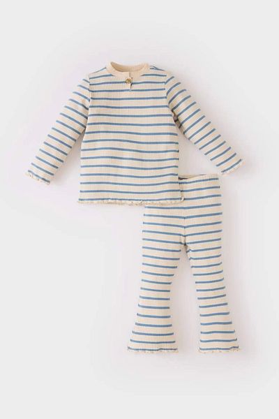 DeFacto D7256 2-Piece Set for Baby Girl - Crew Neck, Stripe Ribbed, Long Sleeve, Spanish Leg Waist