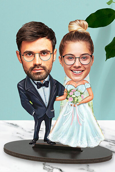 Kişiye Özel Fotoğraflı Mutlu Gelin Damat Tasarımlı Karikatür Biblo