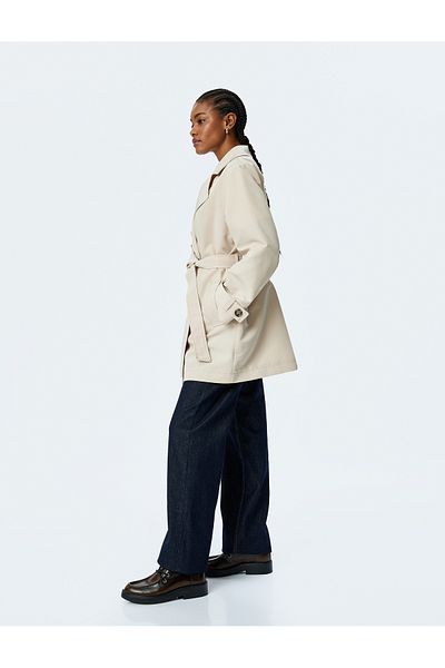 Koton Gabardine Fabric Double Breasted Trench Coat with Belt Pockets
