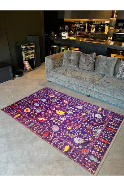 Rugs Modern Halı Crescent Collection Purple Themed Multicolored Flowers Detai...