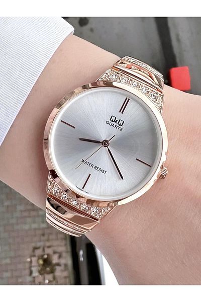 Q&Q Gold Rose MeTal - Stylish Analog Wrist Watch with Jewelled Stripes and Indicator