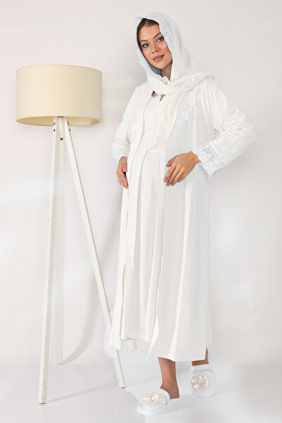 lohusahamile Tesettürlü Uzun Kol %100 Pamuk Ekru Sabahlıklı Lohusa Gecelik