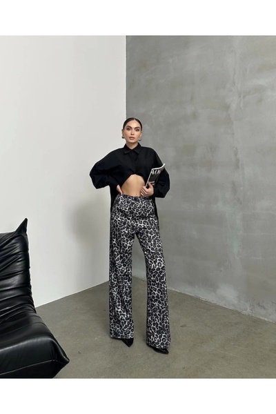 asfamoda Дамски панталони с широки крачоли от жакард с леопардов принт в черно