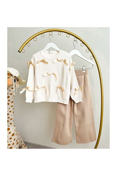 CİCHLİD Girl's Cream Bow Patterned Knitting Suit
