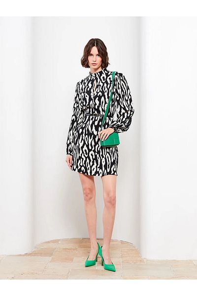 LC Waikiki Lcw Vision Black Stand Collar Print Long Sleeve Viscose Women Dress