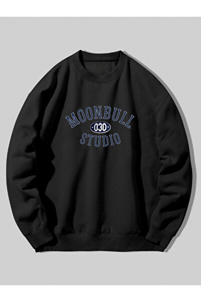 MOONBULL Чорний світшот оверсайз з горловиною з студійним принтом