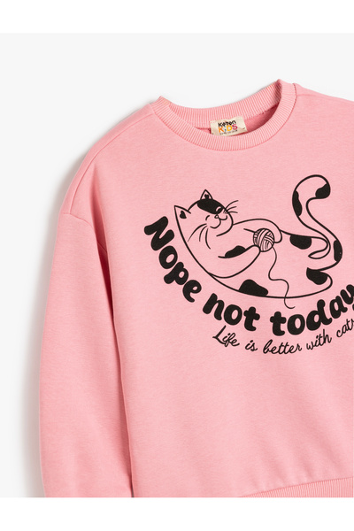 Koton Kedi Baskılı Uzun Kollu Pamuklu Bisiklet Yaka Sweatshirt