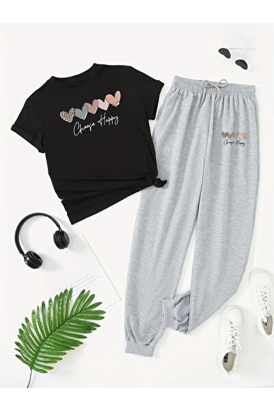 DAXİS Sportwear Company طقم بدلة رياضية نسائية مطبوعة على شكل قلب - تي شيرت م...