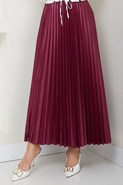 hafsamina Elastic Waist Leather Look Tight Pleated Skirt Plum Hm2655