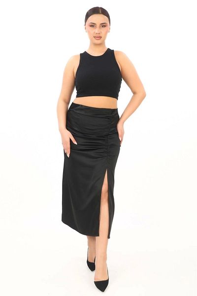 Lady Majestic Μίντι μαύρη φούστα με σατέν ντραπέ με σχισμή