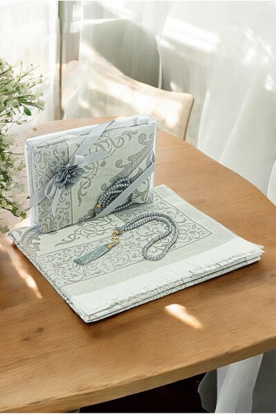 ihvan online Dowry Prayer Rug Set with Gift Box and Pearl Prayer Beads Suitable for Bride and Groom Bundle Gray