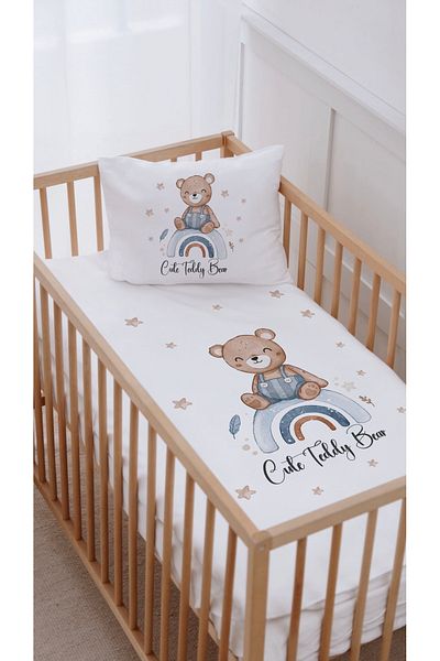 Lilabio 100% Cotton Park Bed Crib Duvet Cover Set (70X120) Teddy Bear with Overalls