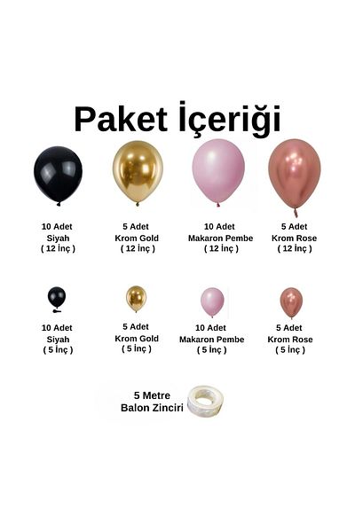 Organizasyon Pazarı Set of 60 Black-Chrome Gold-Macaron Pink Balloon Chains