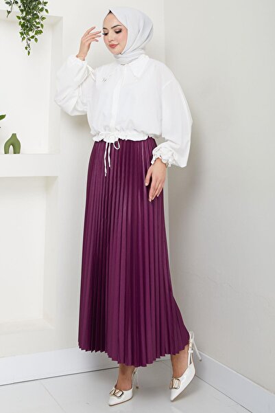 hafsamina Purple Leather Look Pleated Skirt with Elastic Waist Hm2655