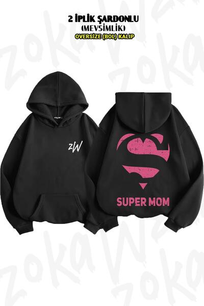 ZOKAWEAR سويت شيرت بقلنسوة كبير الحجم مطبوع عليه ظهر Super Mom - 2 Yarn