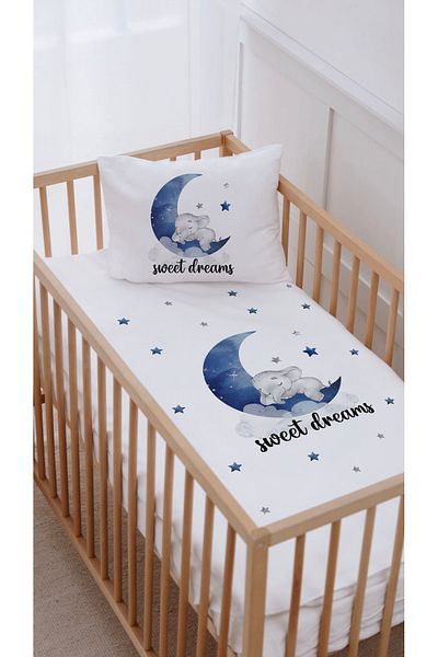 Lilabio 100% Cotton Mother's Side Crib Duvet Cover Set (60X100) Little Elephant Sleeping on the Moon