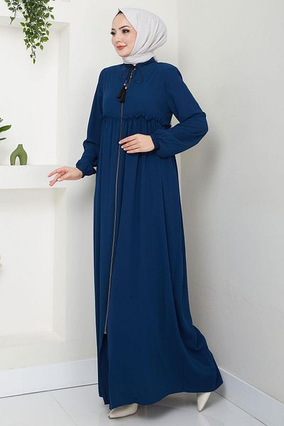 hafsamina Petrol Colored Lace up Pleat Ferace - Hm2327