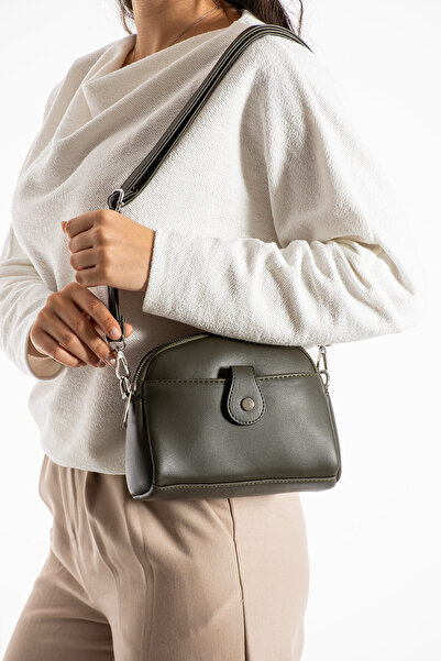 Morpelikan Women's Faux Leather Adjustable Cross Strap 4 Compartment Magnet Buckle Detailed Khaki Shoulder Bag