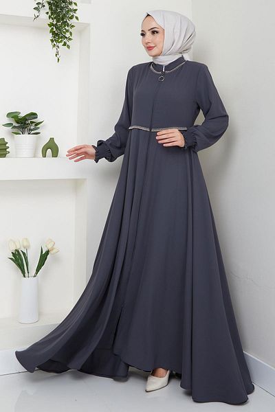 hafsamina Anthracite Embroidered Mevlana Ferace - Hm2359