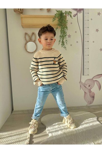 CANDA Striped Sweater-Denim Boy's Bottom-Top Suit