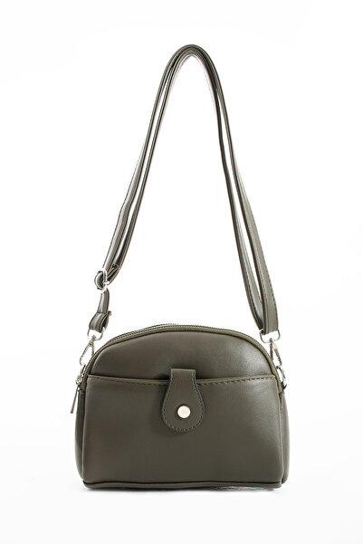 Morpelikan Women's Faux Leather Adjustable Cross Strap 4 Compartment Magnet Buckle Detailed Khaki Shoulder Bag