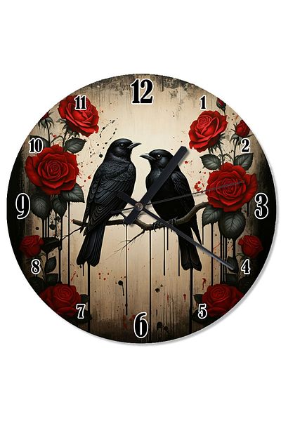 Tablomega Red Roses and Raven Shaped Wall Clock