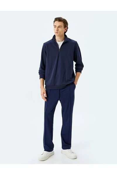 Koton Βαμβακερές ραβδώσεις Navy Blue Sweatpants - Σχέδιο μέσης με τσέπες και κορδόνια 5SAM40012MK