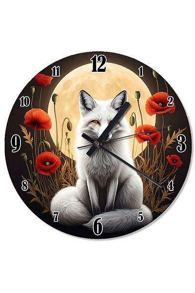 Tablomega White Fox Patterned Wall Clock with Poppies