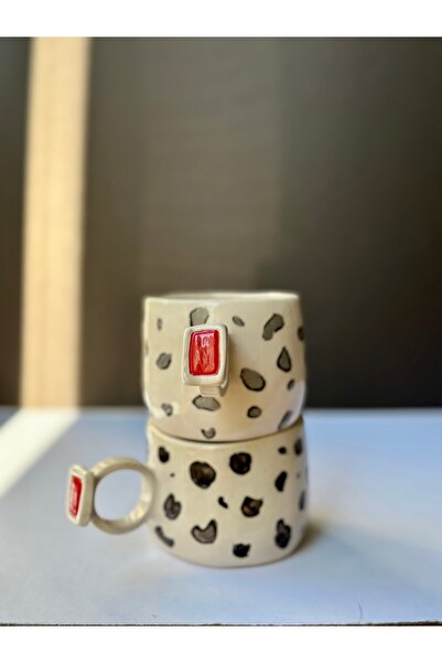 KABİLE SERAMİK Handmade Ceramic Ring Handle Leopard Model Mug