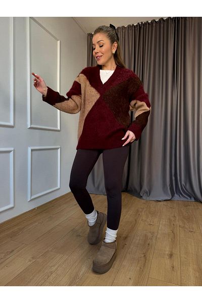 Size Özgü Pulover cu barbă cu decolteu în V burgundy
