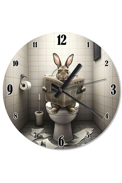 Tablomega Rabbit Shaped Wall Clock Reading Newspaper in the Toilet