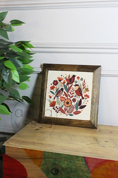 Artavessa Панел за картина с рамка от масивно дърво, камък, 16 x 16 см - Пролет и птици 1