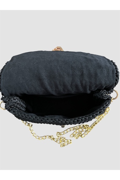 GÜLHOBİTASARIM Siyah Örgü Çanta El Emeği Makrome Çanta Çapraz Zincirli Çanta