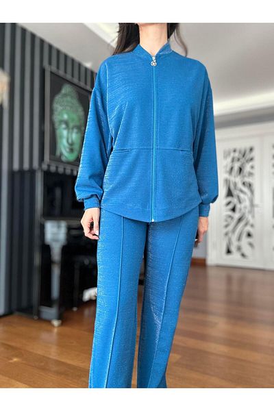 Atelier Derin Blue Shiny Fabric Tracksuit Set