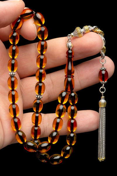 OTTOTESBİH Men's Silver Tassel 8X12Mm Capsule Cut Fire Amber Rosary