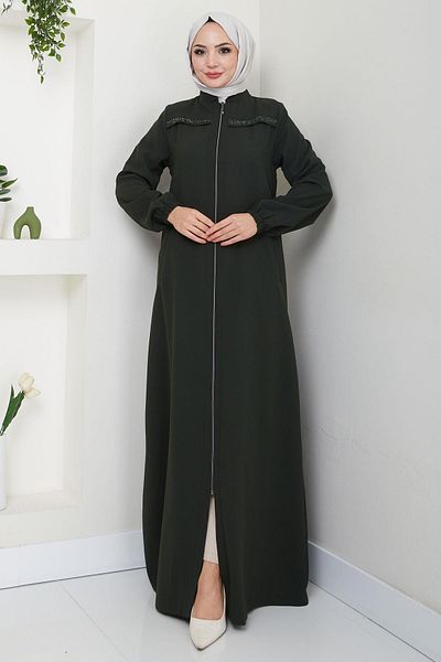 hafsamina Khaki Ferace - Gala Stone Detailed, Model Hm2313