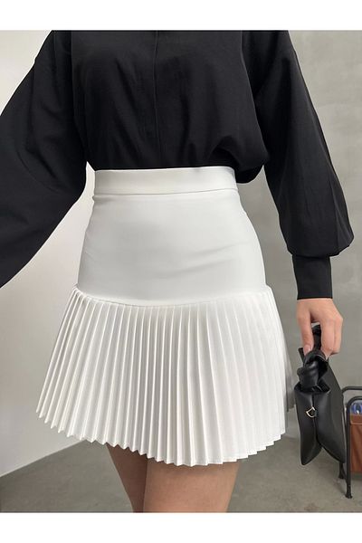Asfa Moda Fusta mini plisată, elastică, din țesătură albă, pentru femei
