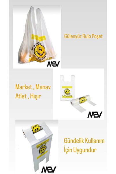 Meseve 3 Adet Büyükboy Gülenyüz Baskılı Rulo Poşet Market Manav Atlet Hışır 3 Rulo Emojili Gülen Yüz