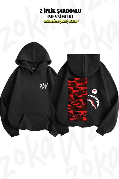 ZOKAWEAR Hanorac cu glugă de camuflaj supradimensionat Bape Shark Red - 2 fire