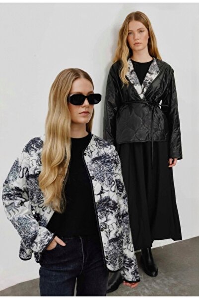 BRTC design Kadın Beyaz Siyah Çift Yönlü Kapitone Safari Desen Çıtçıtlı Mont