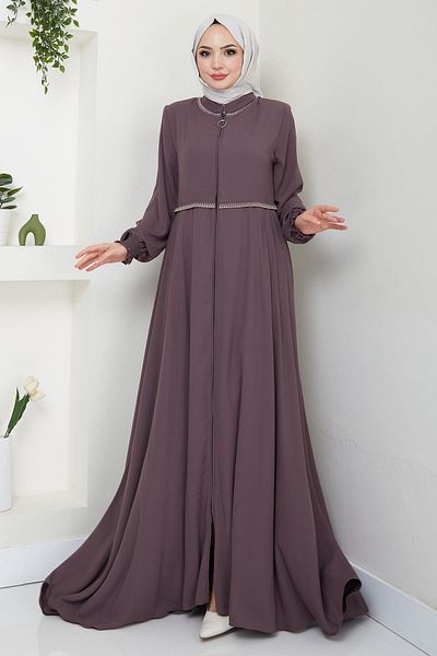 hafsamina Light Brown Embroidered Mevlana Ferace - Hm2359