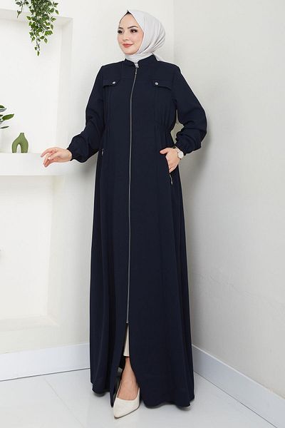 hafsamina Navy Blue Plus Size Ferace - Elastic Waist Hm2643
