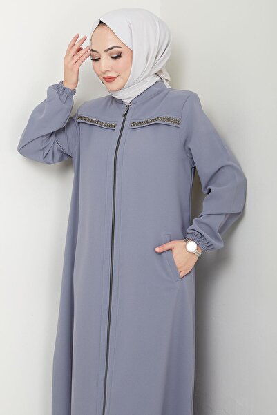 hafsamina Gray Gala Ferace - Stone Detail Hm2313