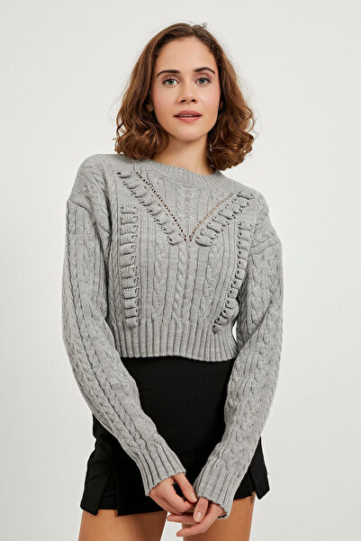 Arma Life Women's Long Sleeve Braided Basic Gray Crop Knitwear Sweater