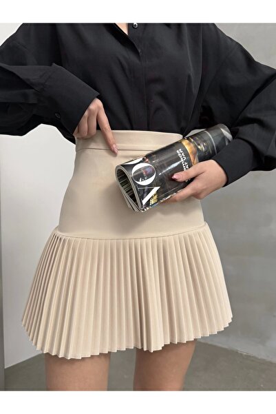 asfamoda Kadın Krem Kumaş Esnek Tam Kalıp Pliseli Mini Etek