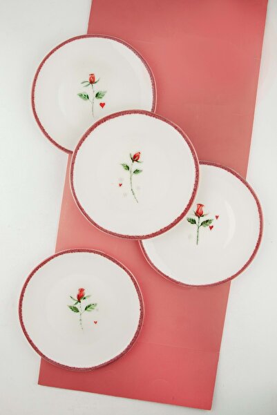 Bursa Porselen Dekor 4 Pieces Porcelain Cake Plate with Red Roses Red Edge