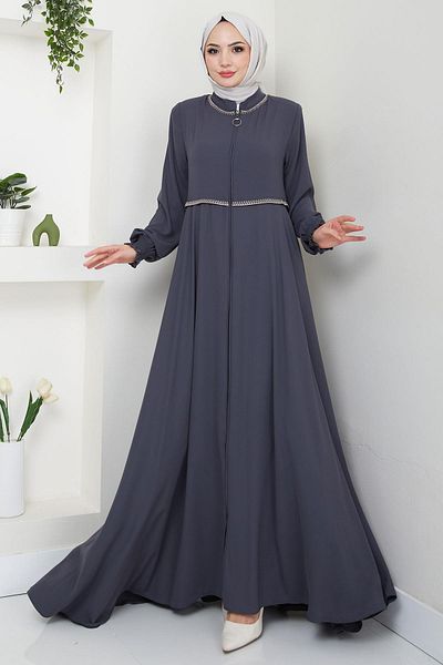 hafsamina Anthracite Embroidered Mevlana Ferace - Hm2359