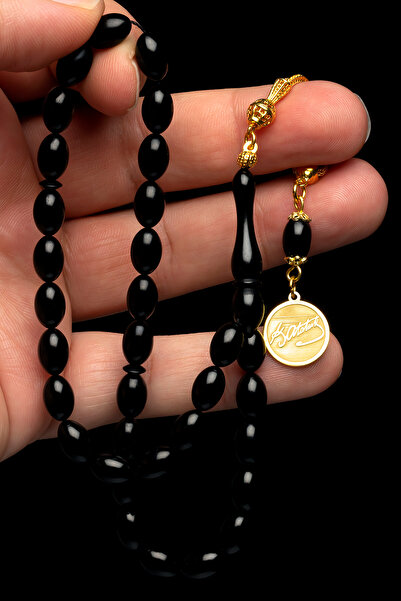 OTTOTESBİH Kemal Atatürk İmzalı Gümüş Püskül 7x11mm Siyah Sıkma Kehribar Tesbih